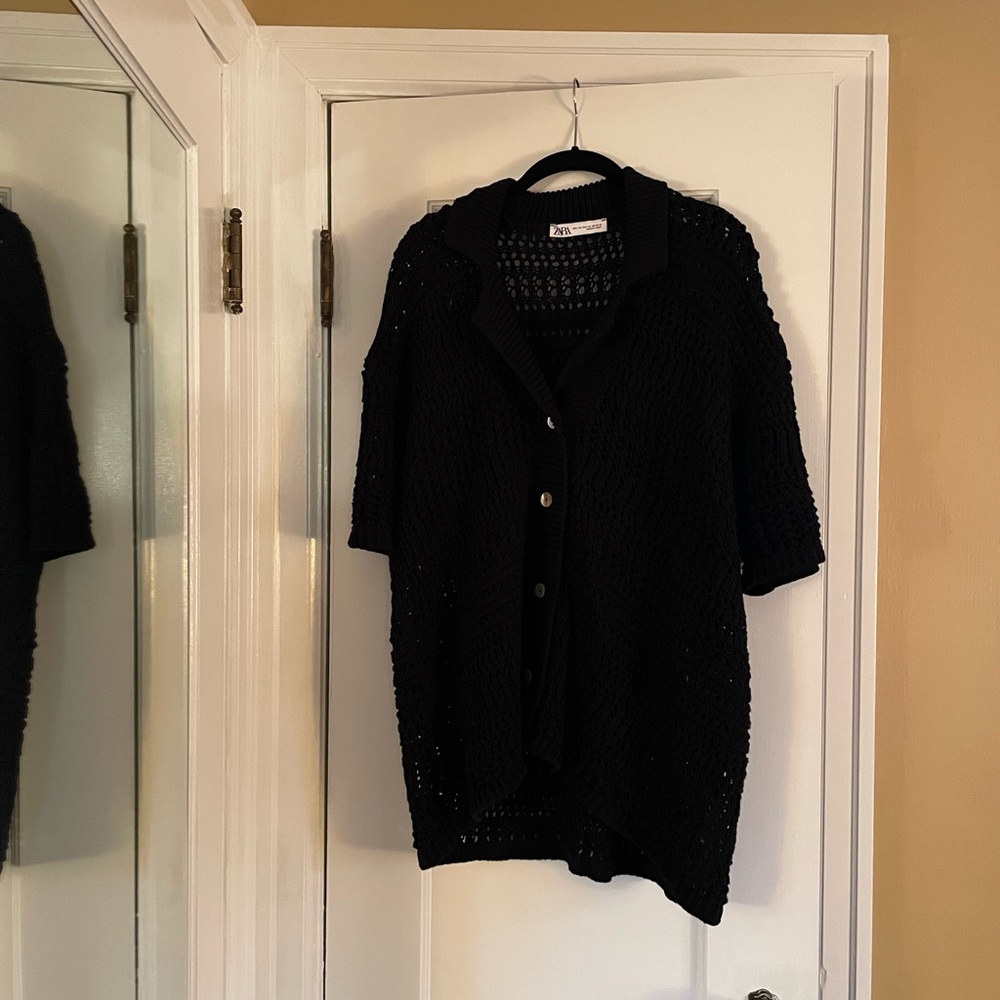 Zara Pointelle Knit Oversized Polo Sweater Size L/XL